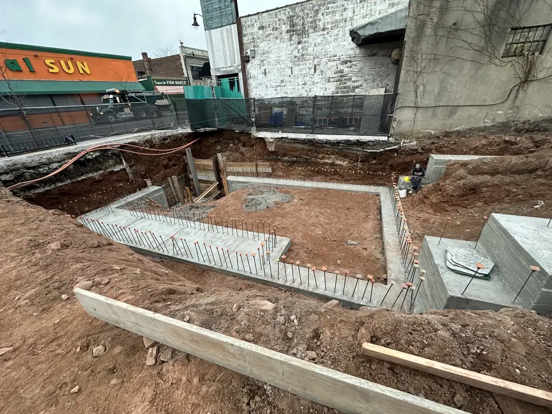 Reinforced concrete footings during construction